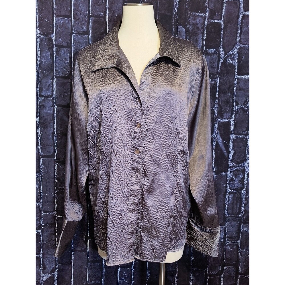 Ashley Stewart Chevron Textured Shirt Women Size 18 Pewter Gray Button Up Blouse